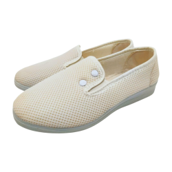 Zapatillas Verano Mujer de loneta con cuña Baja. Mocasin Kung Fu Gomas Elasticas blanca made in Spain